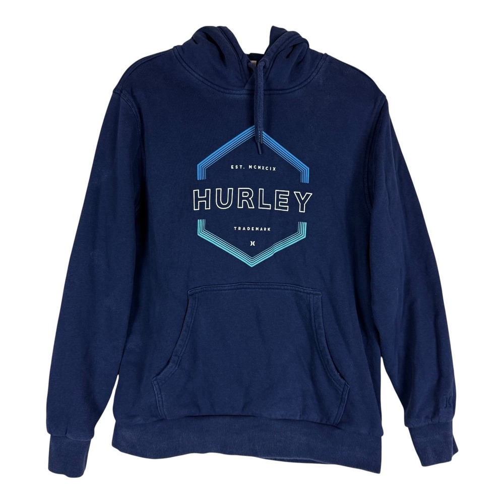 Hurley Hoodie Mens Medium Blue Pullover Fleece Hexagon Logo Graphic Kangaroo